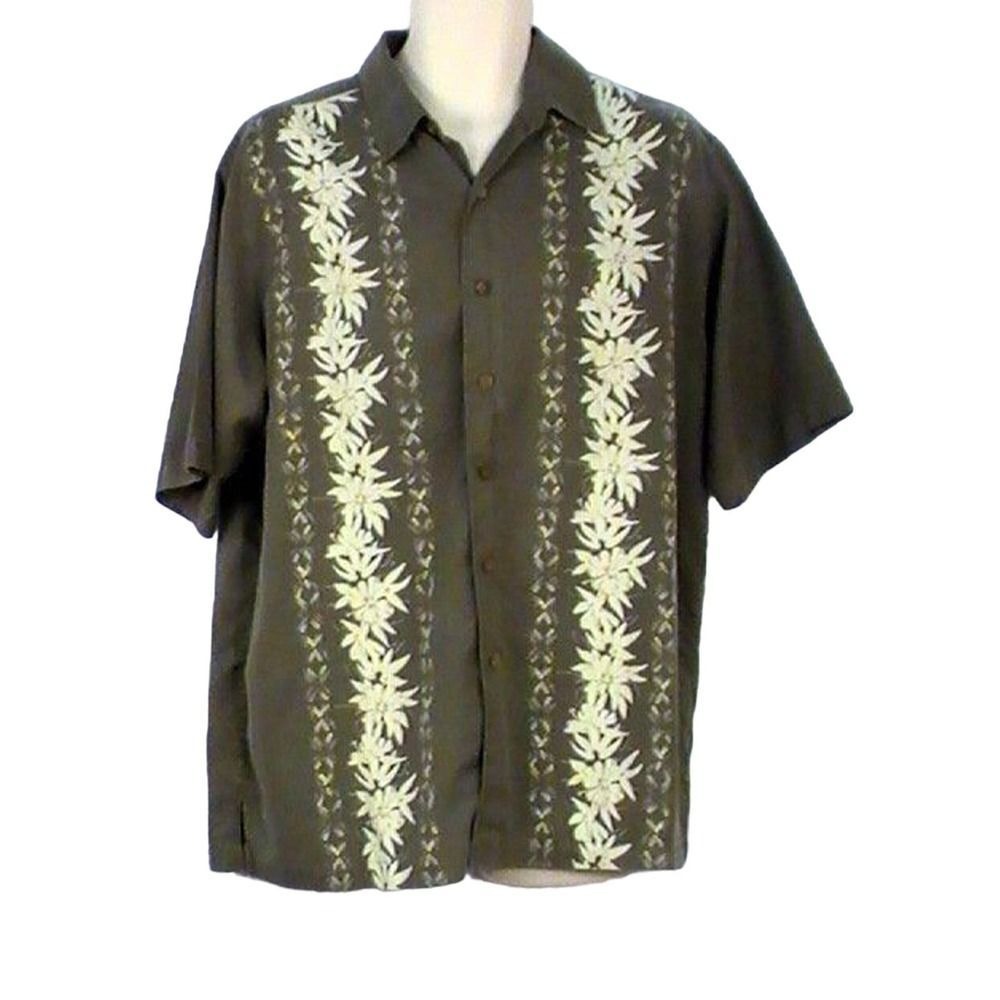 Caribbean Mens Short Sleeve Button Down Silk Hawaiian Button Dark Gray Floral L